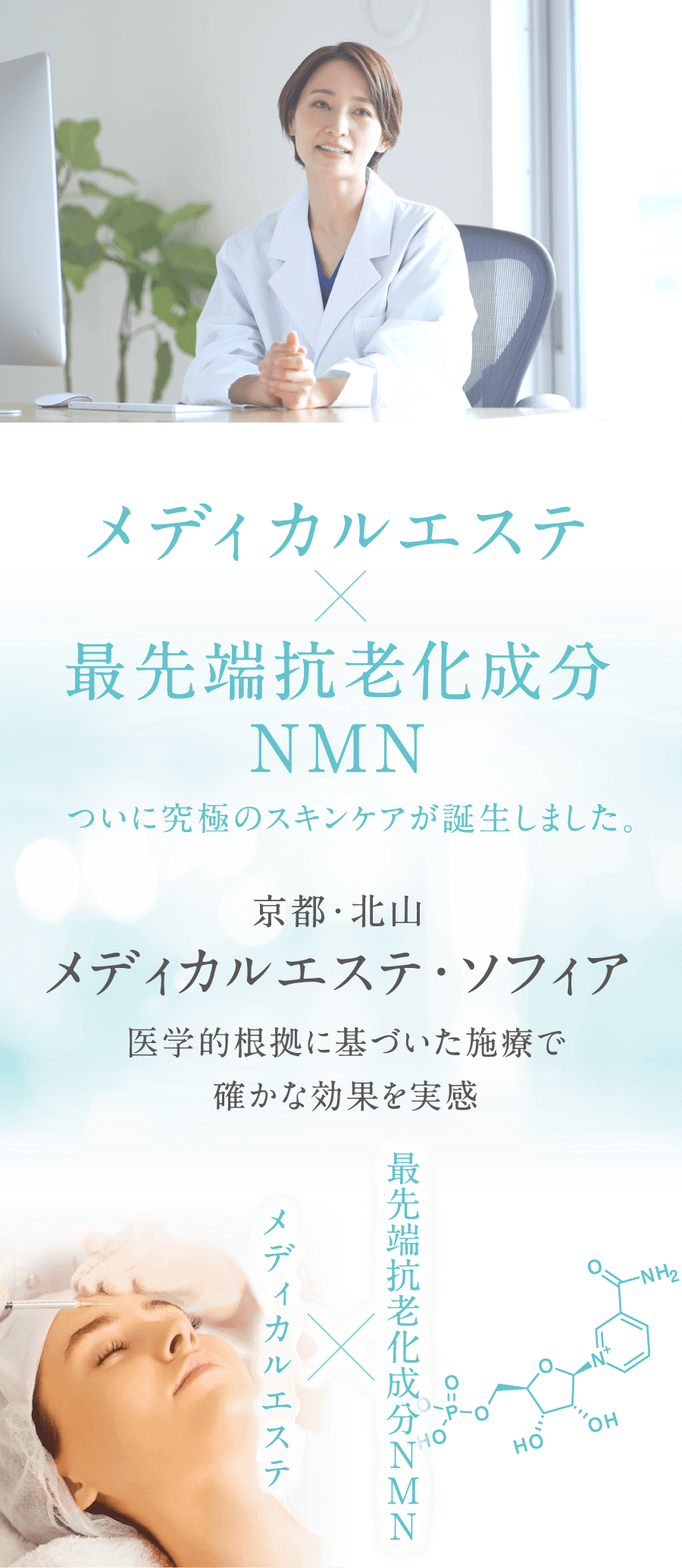 メディカルエステ 最先端抗老化成分NMN ついに究極のスキンケアが誕生しました。京都・北山 メディカルエステ・ソフィア 医学的根拠に基づいた施療で確かな効果を実感